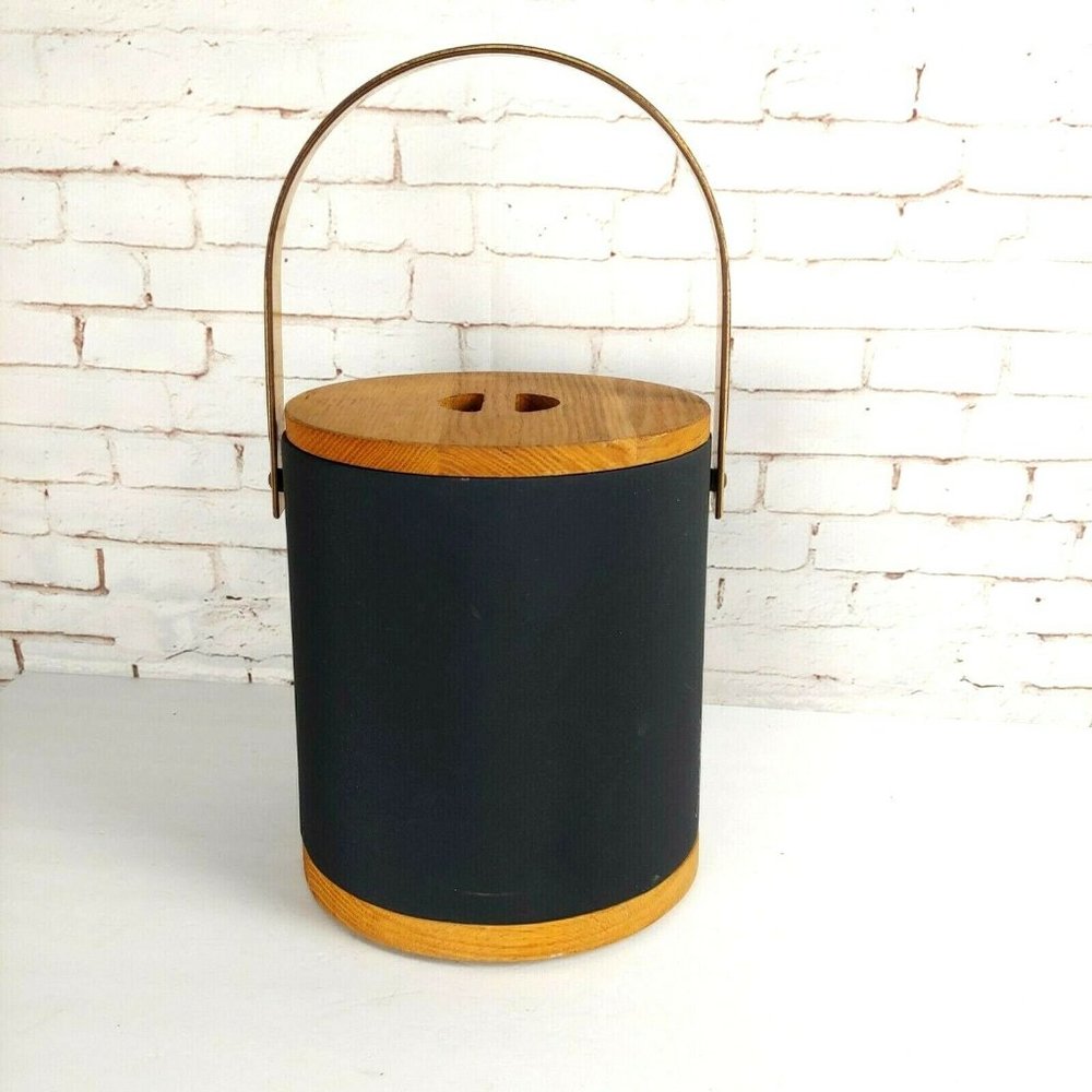 Morgan Ice Bucket with Lid Vinyl Covered in Brown with Wood Mid Century MCM